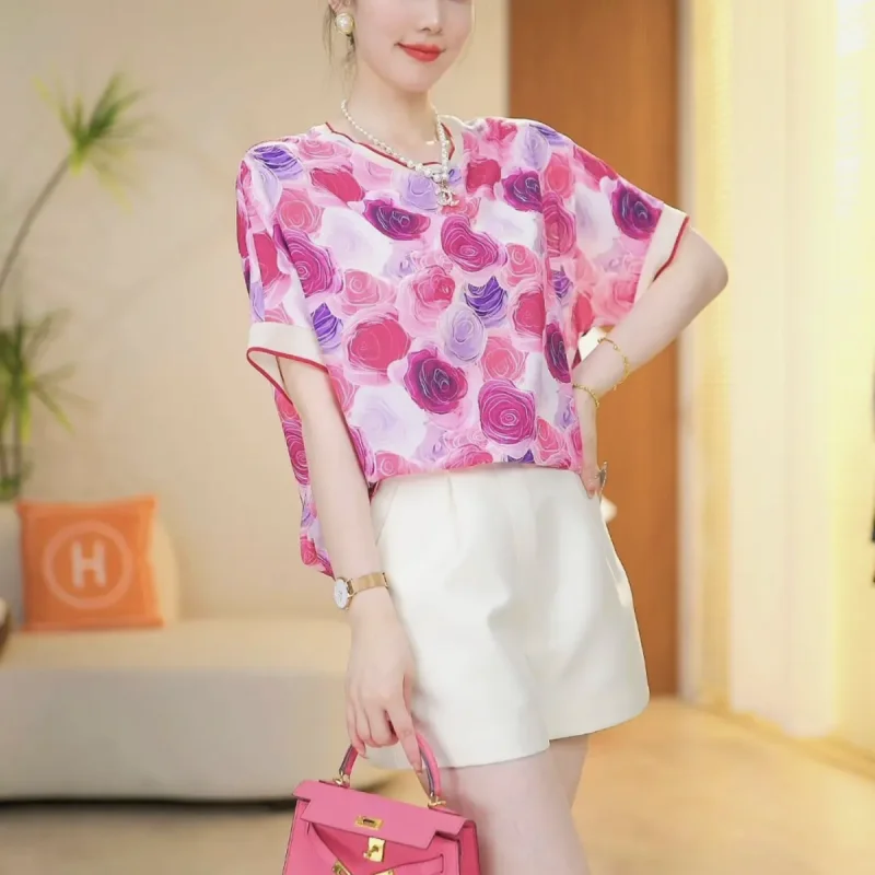 

2024 Summer New Women's Pullovers Spliced Gauze Short Sleeve Crew Neck Printed Elegant Fashion Loose Commuter Chiffon Tops