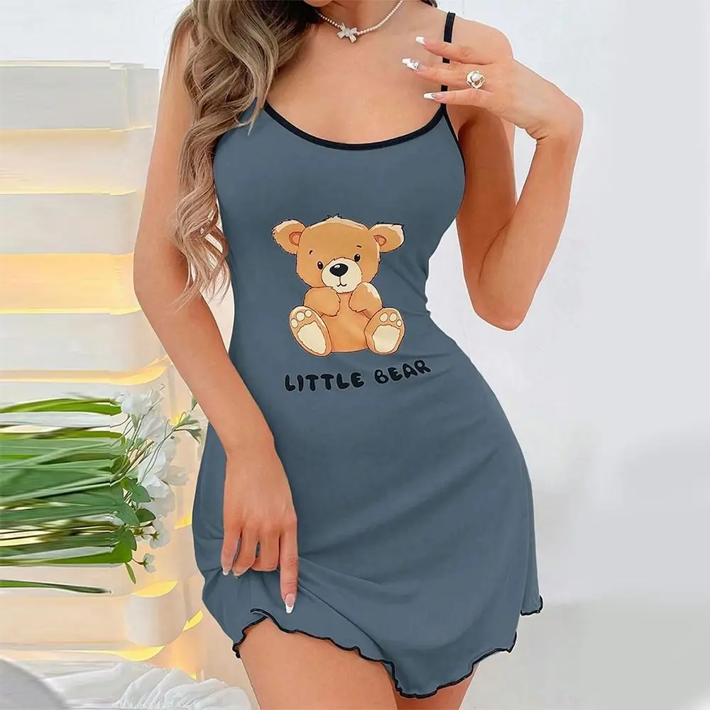 

New Comfortable Suspenders Mini Dress Sexy Leisure Nightgowns Littler Bear Printed Nightdress Summer