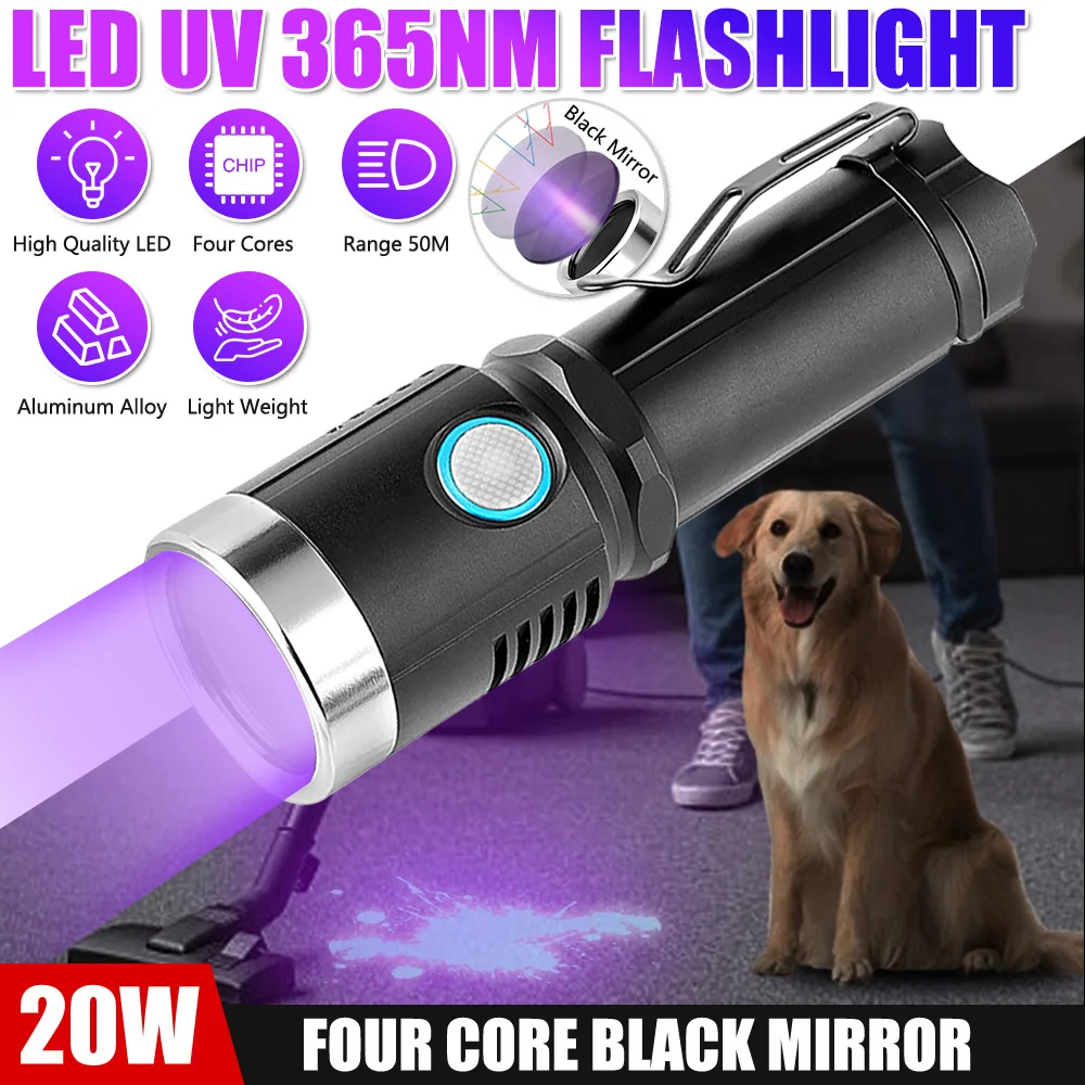 20W 365nm UV Flashlight LED Blacklight Curing Cat Tinea Pet Urine Stain Marker Leakage Ore Money Scorpion fluorescent Check Lamp