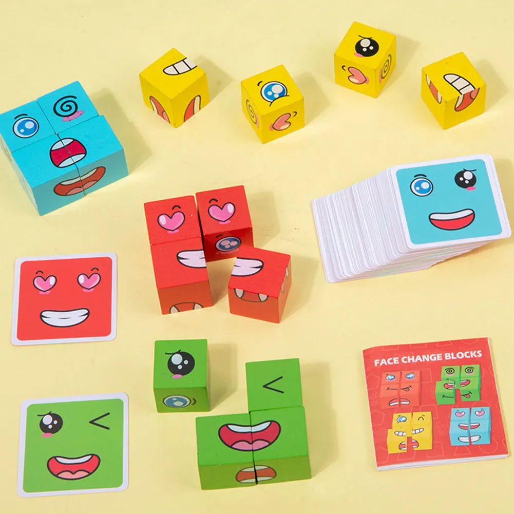 Magic Cubes Matching Games Montessori Wooden Toy Face Changing Cube Expression Puzzle Building Blocks for Kid Learning Toy Gifts