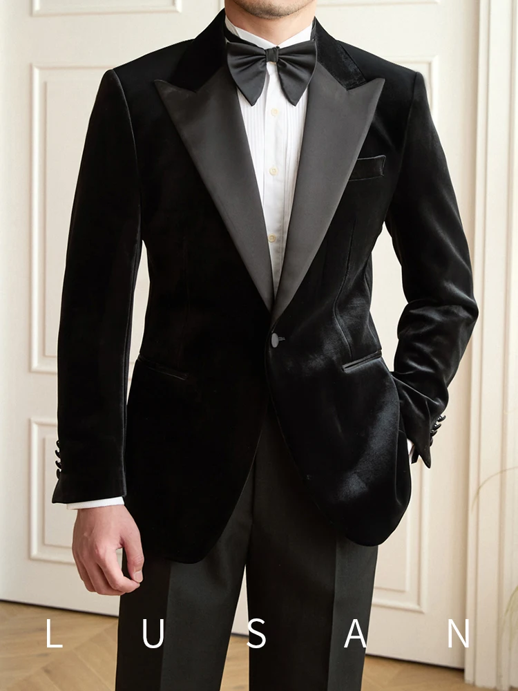 Light Luxury Gentry Barge Collar Velvet Slim-fit Suit All-match Wedding Banquet Host Groom Suit Men's Suit