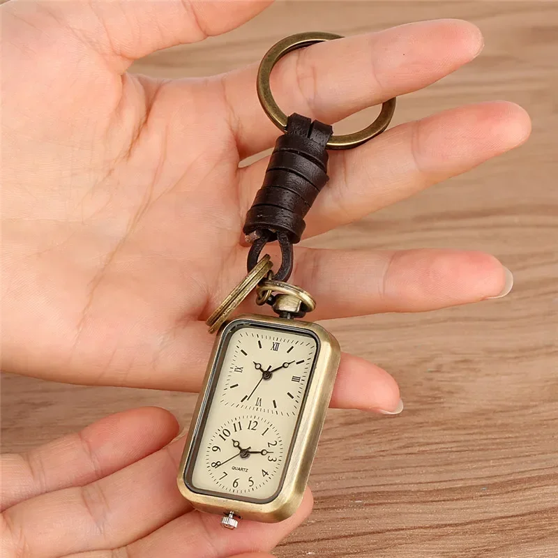 Creative Dual Time Zone Clock Rectangle Shape Men Women Quartz Analog Pocket Watch Pendant Key Ring Timepiece Gift