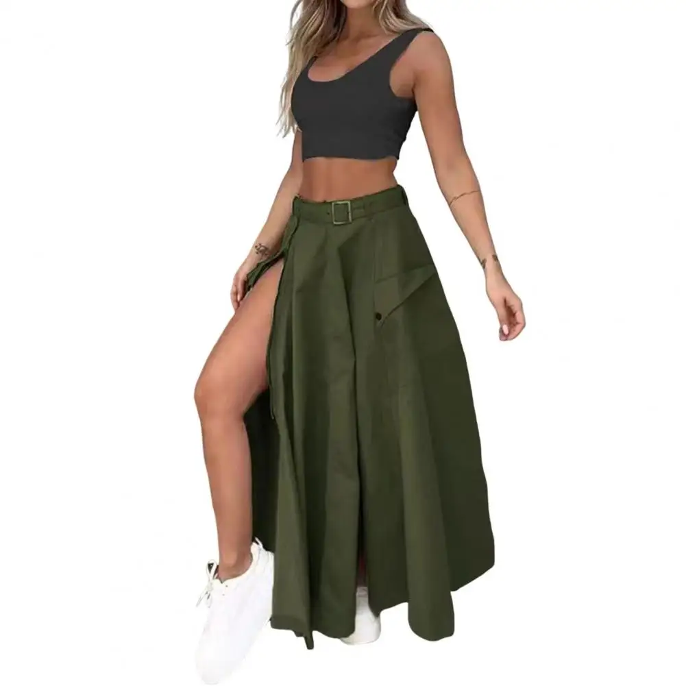 Women Top Skirt Set Elegant Crop Top Maxi Skirt Set with Belt Women\'s High Waist A-line Split Skirt Solid Color Streetwear Party