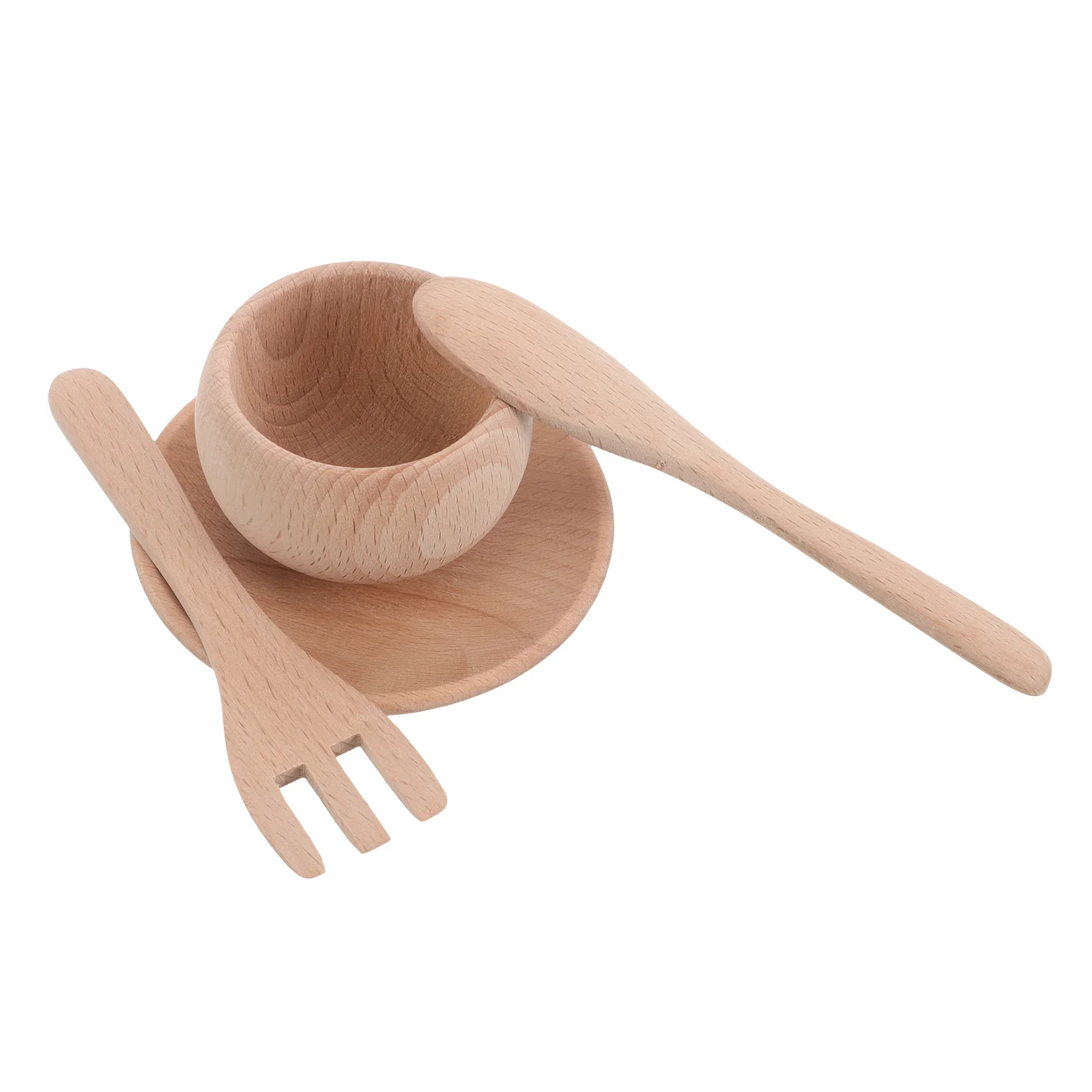 

Toys Kids Fork Pretend Play Wooden Plates and Dishes Kitchen Accessories Playset Mini Toddler