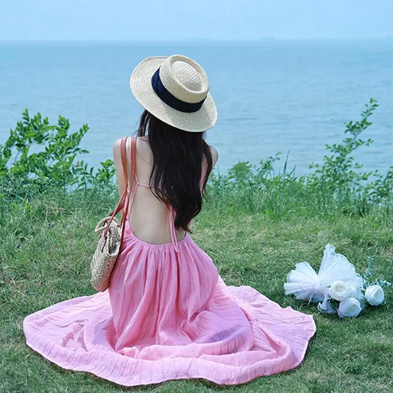 Vacation Look Mom and Daughter Matching Pink Dress Sling Backless Resort Mother and Baby Girl Elegant Dresses for Women Clothing