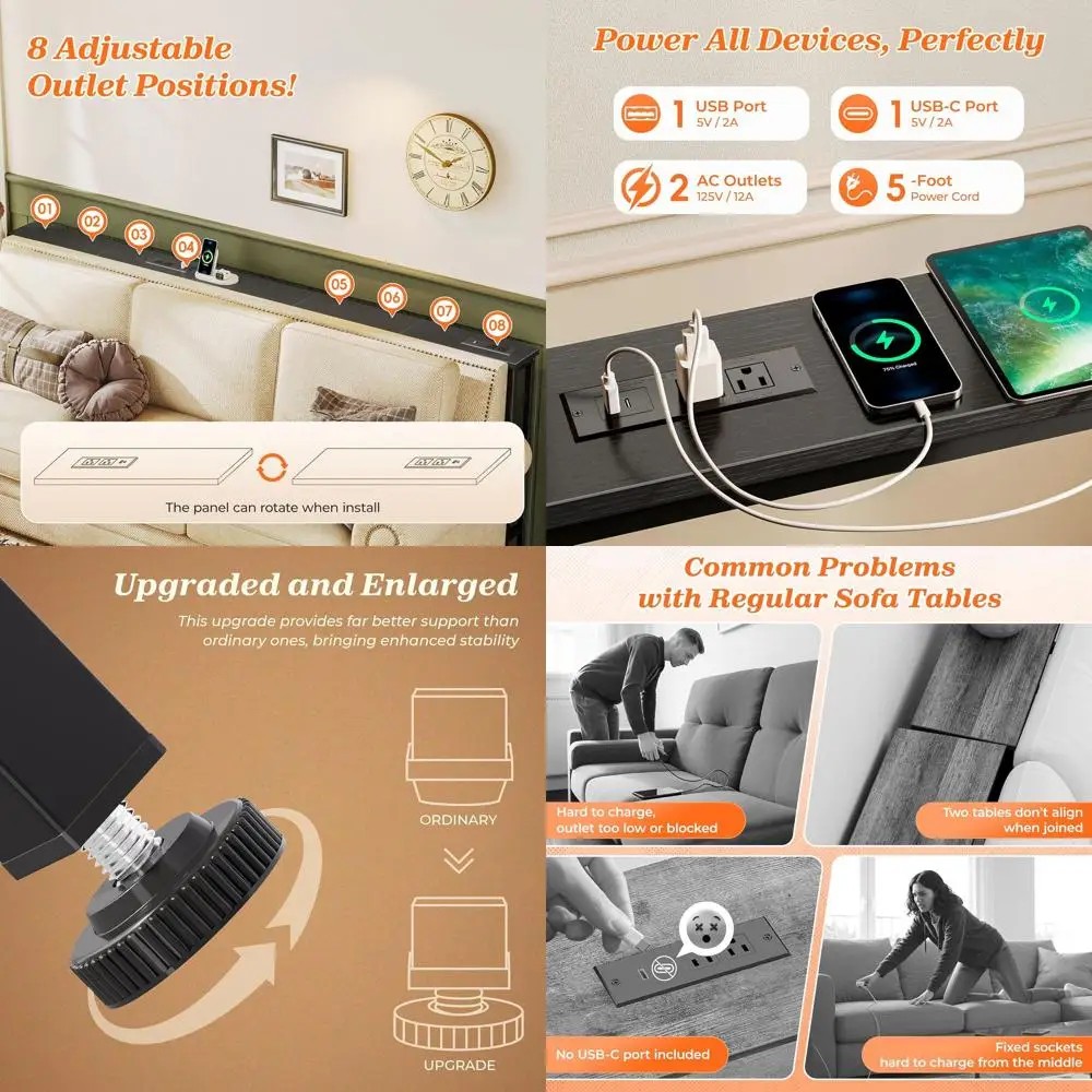 

79 Modern Black Console Table with 2 Power & USB-C Ports, Slim 5.9 Storage Table for Entryway, Living Room, Ideal for Small Spac