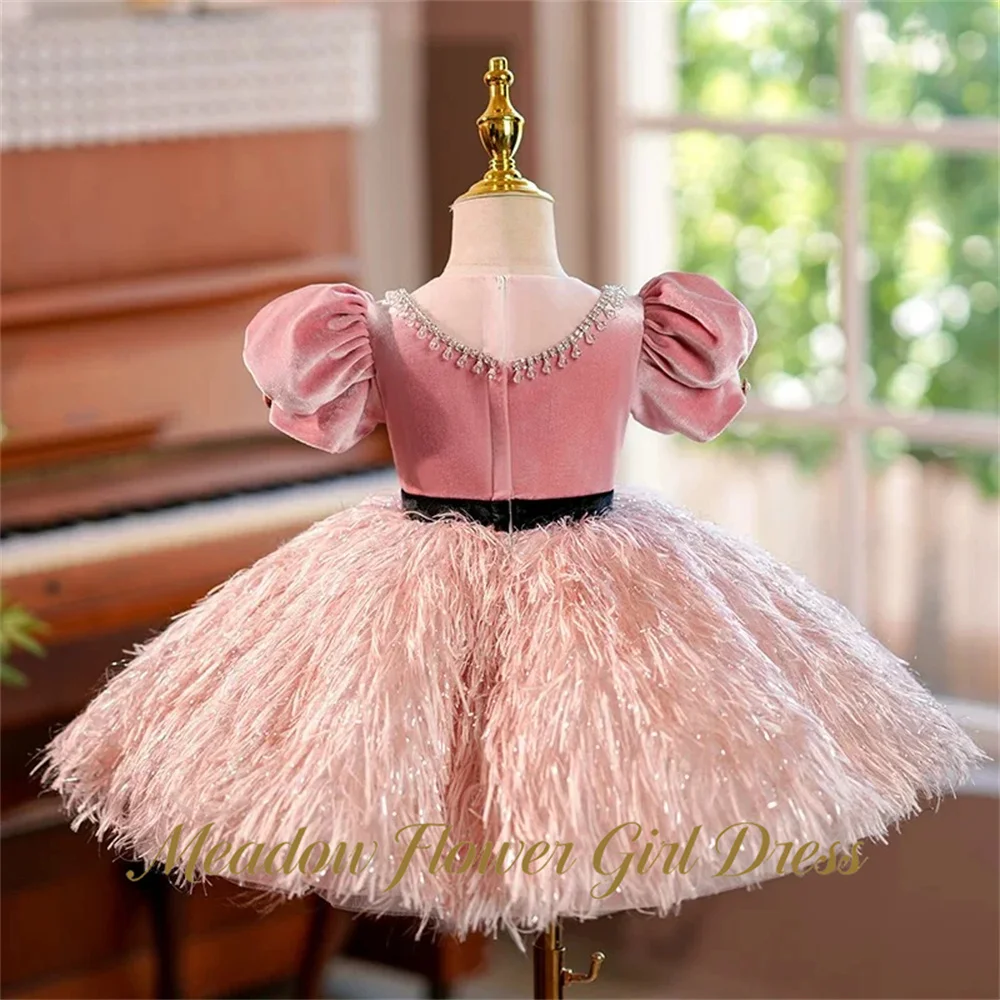 Meadow Pink Children Birthday Wedding Dresses Round Neck Kids Birthday Party Dresses with Crystal A Line Girls Princess Dress