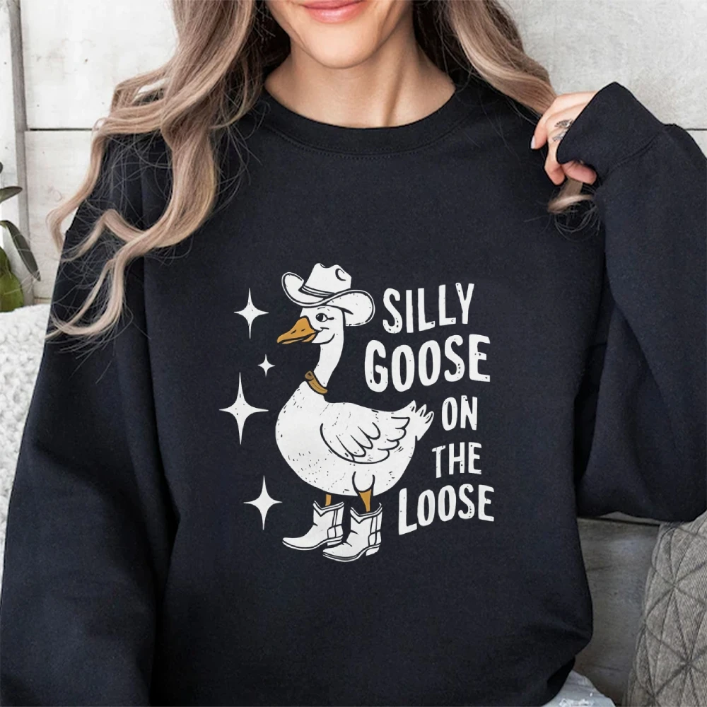 

Silly Goose On The LooseWomen’s Autumn Winter Sweatshirt Funny Cute Animal Long Sleeve Shirt Stylish O Neck Cotton Lady Tops Y2k