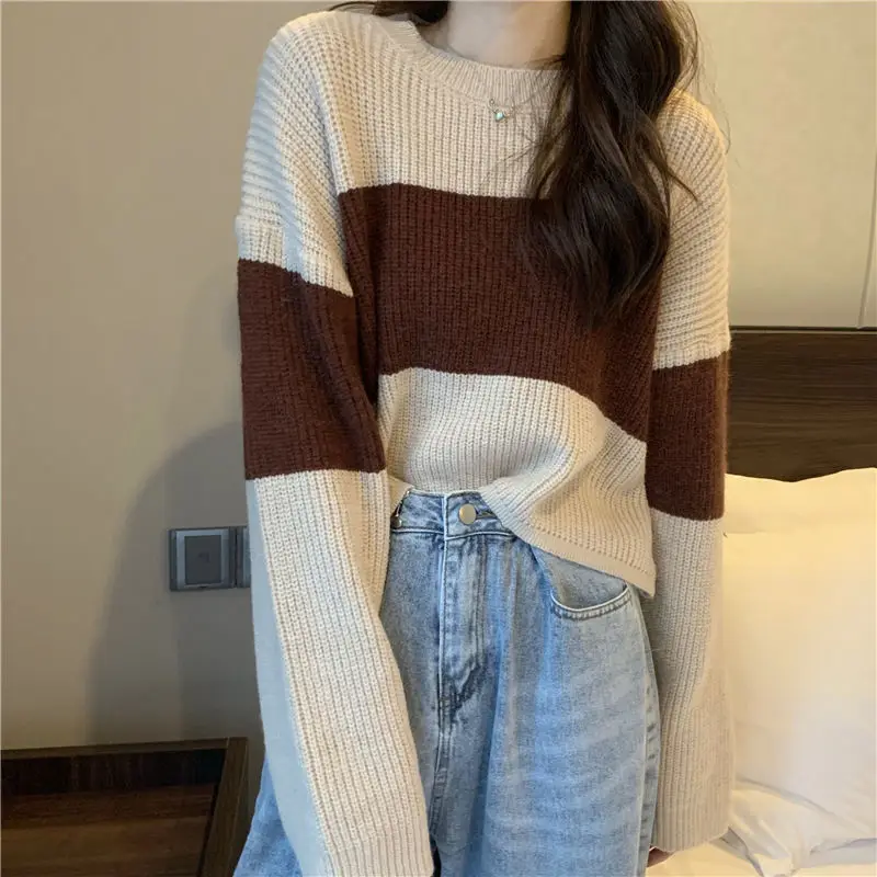 2022 Fashion Color Matching Horizontal Bar Sweaters Women New Autumn Winter Long Sleeve Loose High Waist Korean Knitting Top