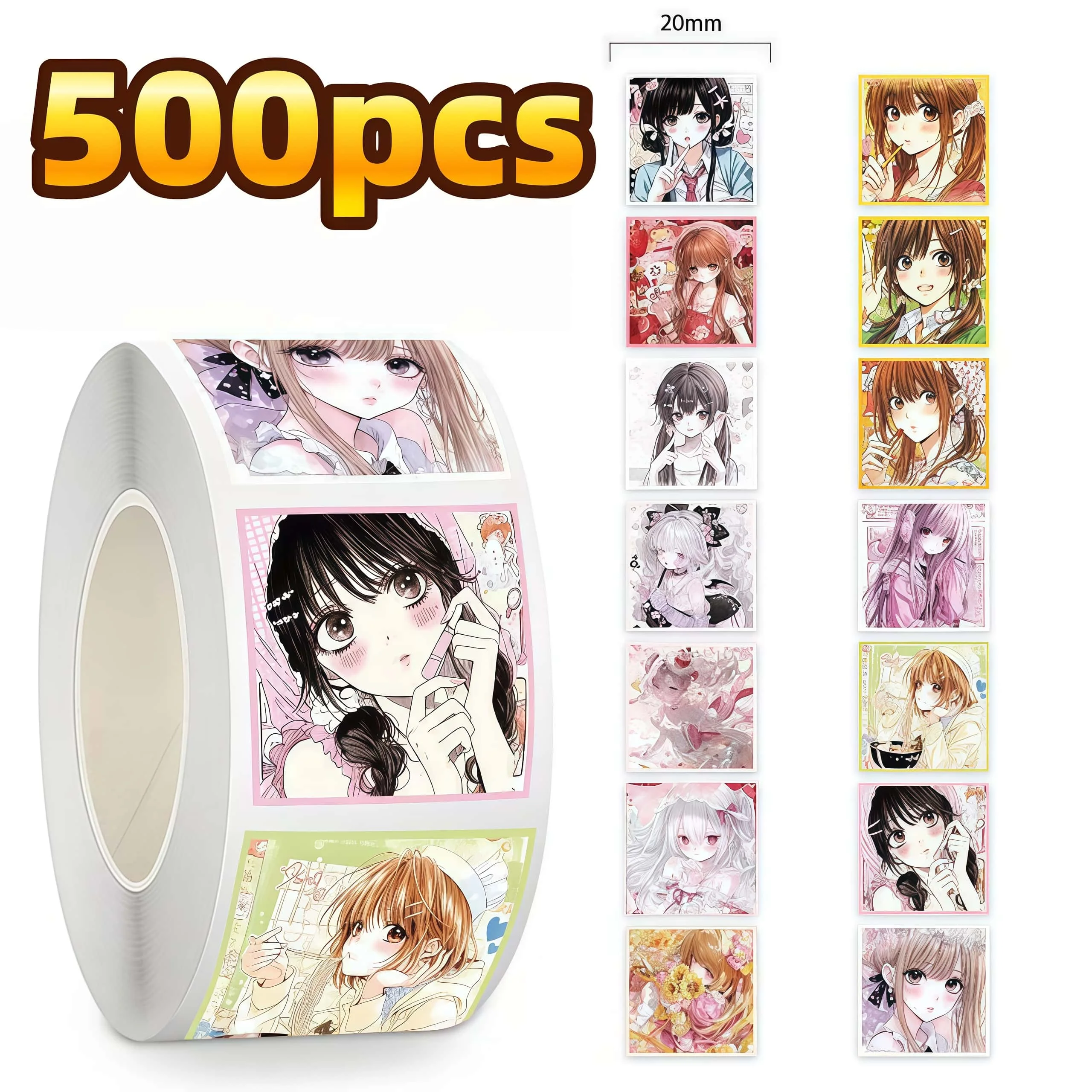 500Pcs Vintage Manga Girl Square Sticker Roll, Soft Retro Anime Maiden Portrait Labels for Package Sealing Journal Scrapbook DIY