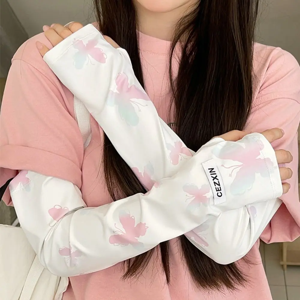 ปลอกแขนผ้าไหมน้ำแข็งลายผีเสื้อสุดเท่ ป้องกันแสงแดด สีพื้น ป้องกันรังสียูวี สำหรับฤดูร้อน ถุงมือยาวสำหรับผู้หญิง