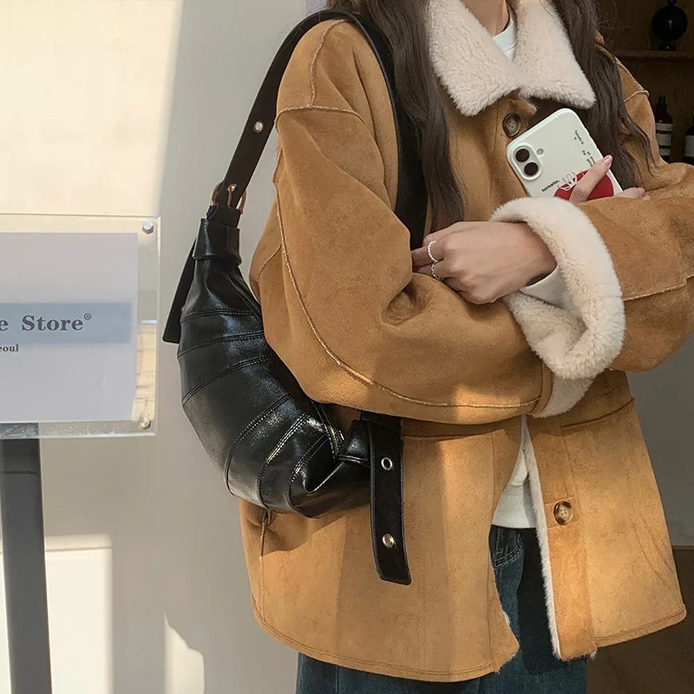 

Chic Brown Croissant Shoulder Bag Small Pack Black PU Dumplings Bag Solid Color Korean Style Crossbody Bag Girls