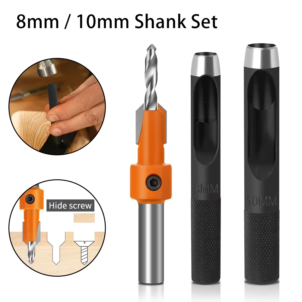Countersink Punch Drill Bit 8mm 10mm Shank Set Wood Panel Solid Workpiece Invisible Screw Countersink Hole Reaming Drilling Tool