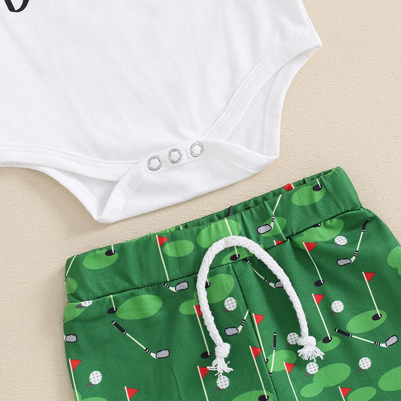 Summer Baby Boys Outfits Letter Print Crew Neck Short Sleeve Rompers Golf Print Long Pants Hat 3Pcs Clothes Set