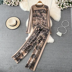 Women Knitted Animal Print 2 Pieces Sets Simple O Neck Long Sleeve Knitwear+Wide Leg Long Pants Casual Fashion Suits