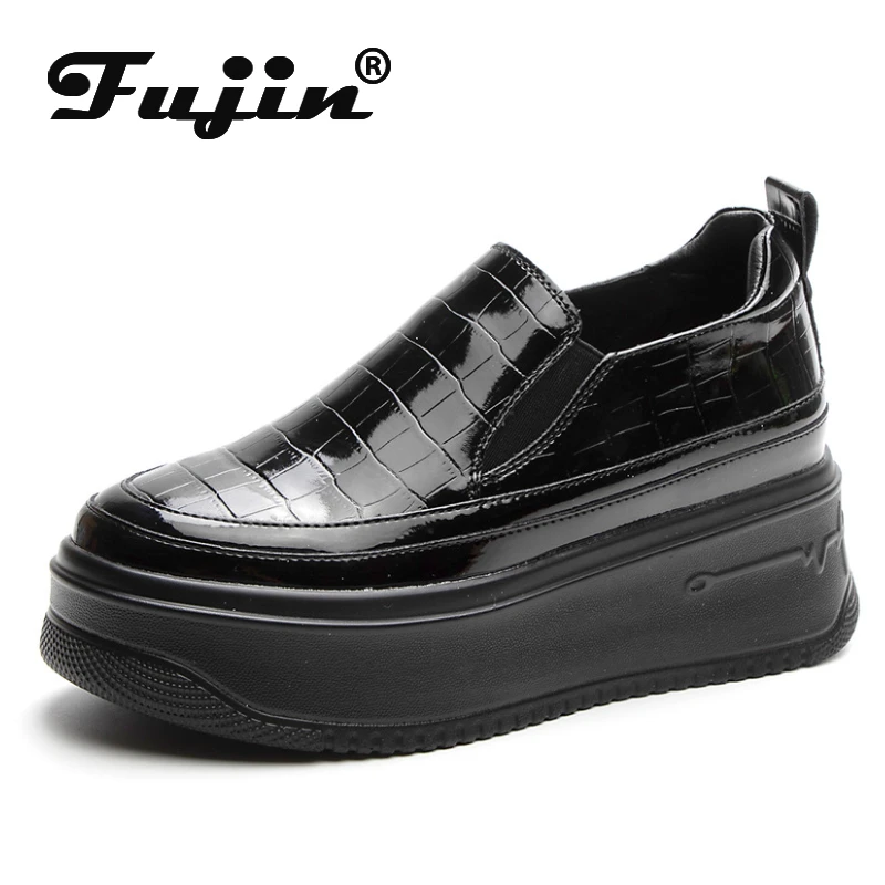 Fujin 7.5cm Patent PU Synthetic Leather Platform Wedge Chunky Sneakers Spring Fashion Boots Well-fitting Women Autumn Shoes