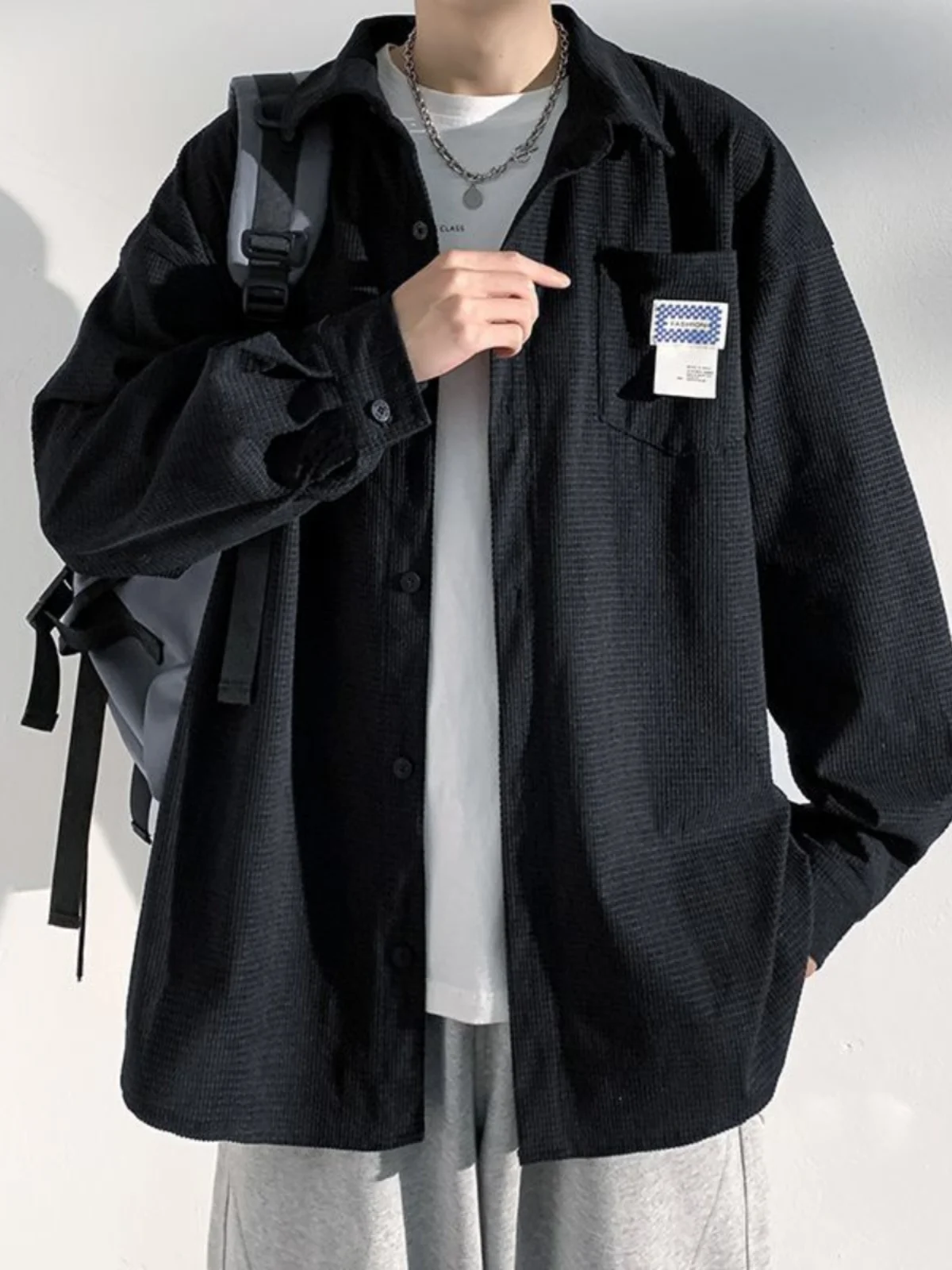 

Extra Large 300 Pounds Men's Long Sleeve Shirt Autumn Spring Hong Kong Style Retro Pocket Patch Label Breathable Casual Shirt