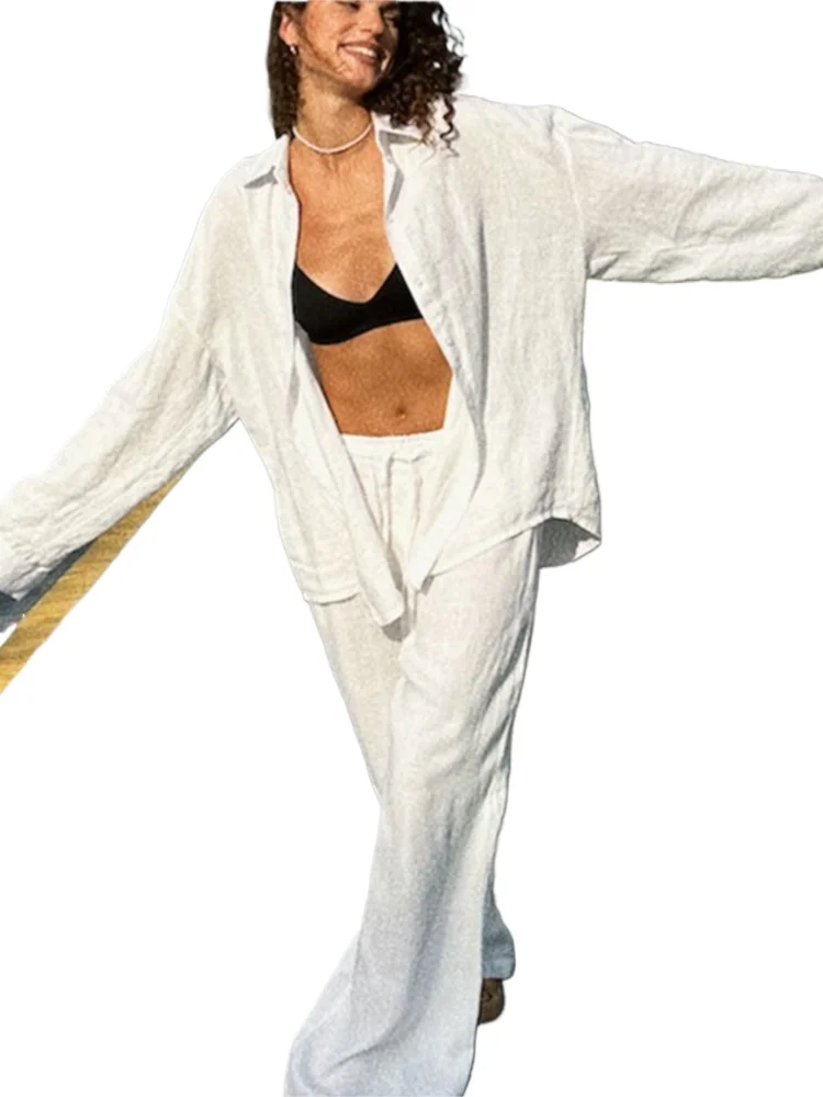 

Cotton Linen Solid Color Button Up Shirt Long Pants Two-piece Set For Spring Style Loose Long Sleeved Shirt Casual Suit Women