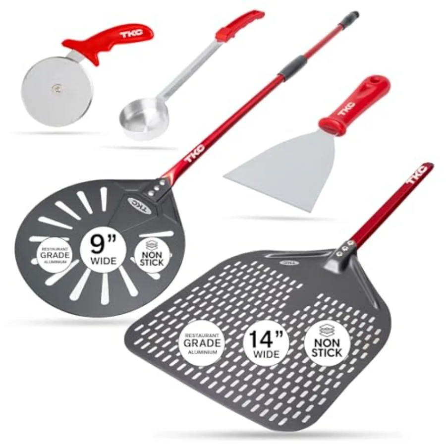 

Perforated Pizza Peel Bundle with 14 Inch XL Peel and 9 inch Pizza Turning Peel Ultimate Set with Dough Cutter Pizza Cutter Whe