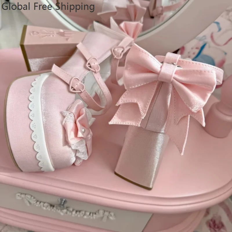 Sweet Lolita High-heeled Platform Shoes Cute Schoolgirl Cosplay Pearl Lace Bow Mary Jane Shoes Japanese-style High Heels 2026 5