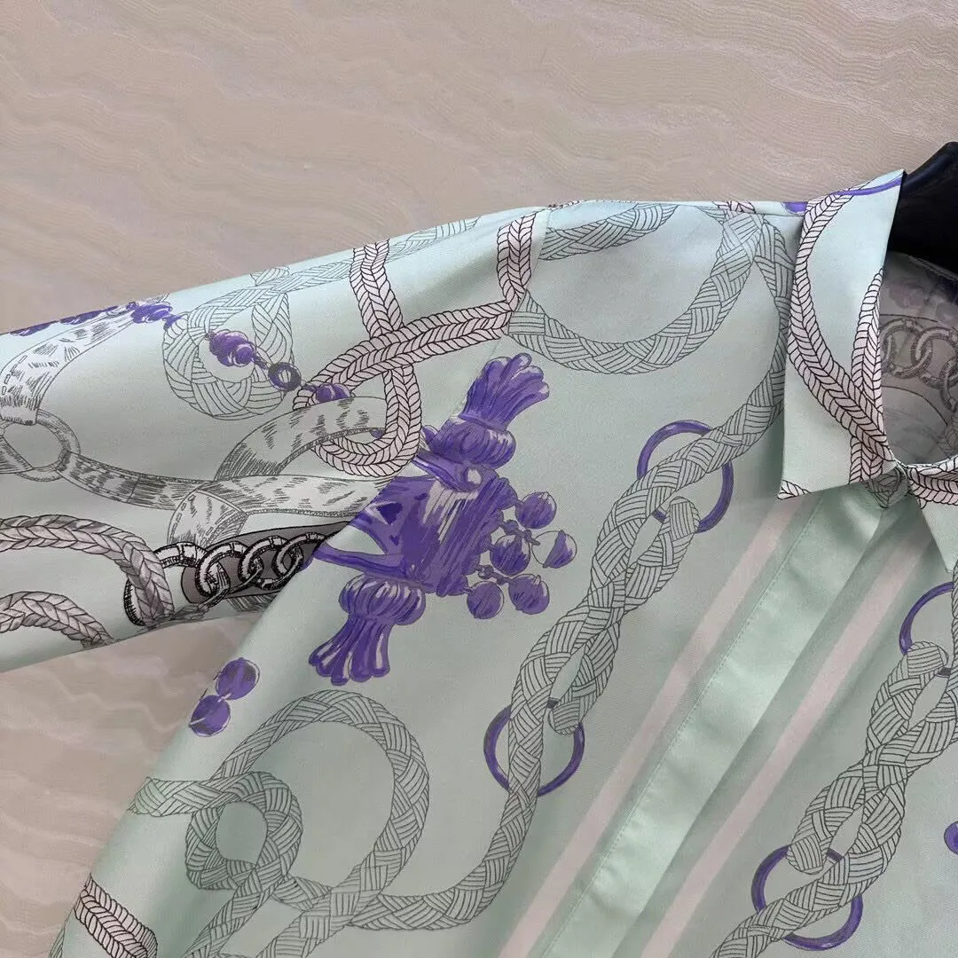 2025 ربيع جديد موضة 100% حك قميص حريري المرأة خمر حبل العرقية طباعة نمط التلبيب كم طويل بلوزات غير رسمية