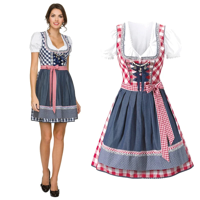 Dorosła kobieta sukienka Dirndl w kratę i fartuch kostium oktoberfest tradycyjna bawariańska niemieckie piwo dziewuko Cosplay pokojówka przebranie