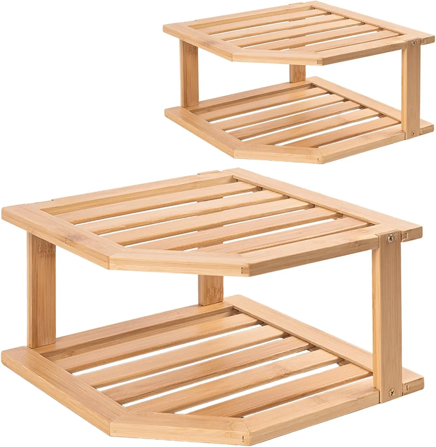 

Bamboo Corner Shelf 2-Pack: 2-Tier Plate Organizer for Kitchen Countertop, Pantry Dish Rack & Spice Storage