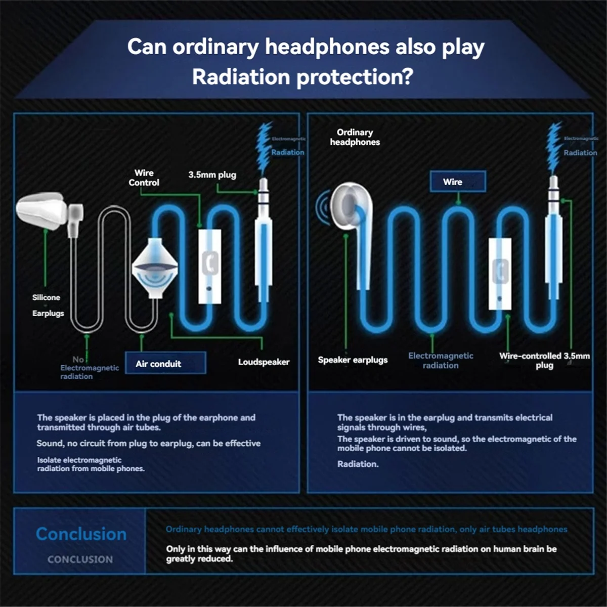 A57G-단일 헤드폰 3.5mm 안티 방사선 휴대 전화 이어폰, 전화용 공기 파이프 마이크 포함 블랙
