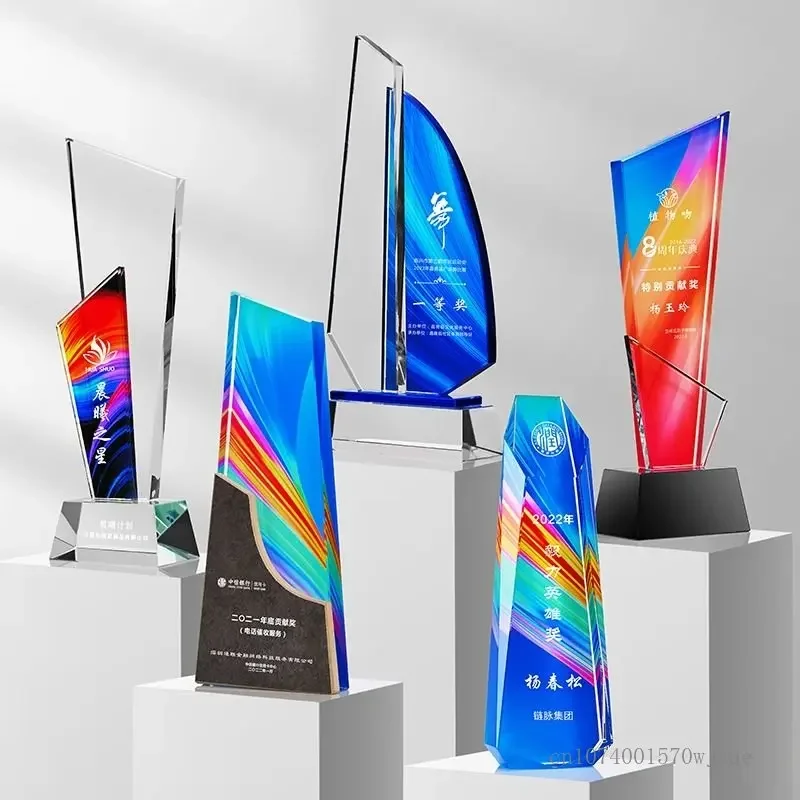 كأس كريستال إبداعي مخصص، طباعة ملونة، نحت، تذكار جوائز فريق الموظف الممتاز، وسام تزيين المنزل، قطعة واحدة