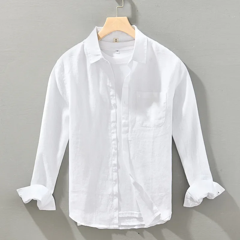 Camisa de lino de manga larga para hombre, abrigo informal, holgado, talla grande, alta gama, color blanco, verano, 2023