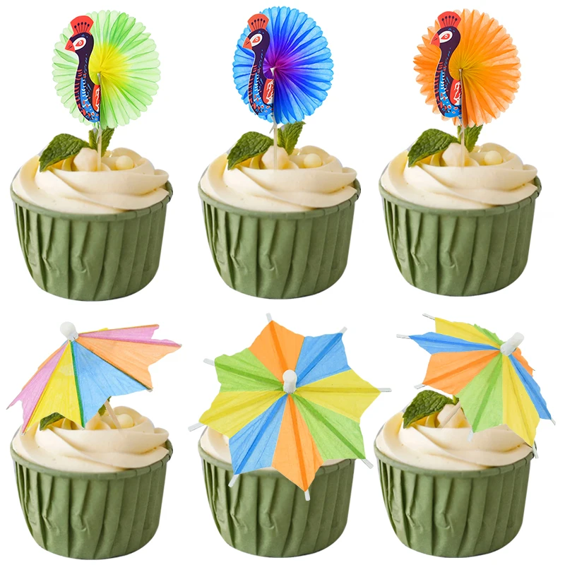 20/30/50pcs Cocktail Drink Picks Sticks Hawaiian Beach Drinking Decoration Umbrella Peacock Cake Topper Fruit Bamboo Toothpick