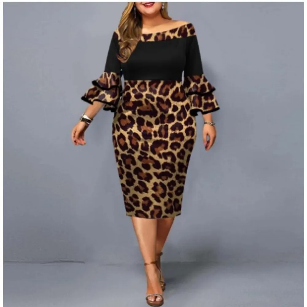 Plus Size Midi Dress for Women Elegant Print Party Dress 2024 Long Sleeve Dress