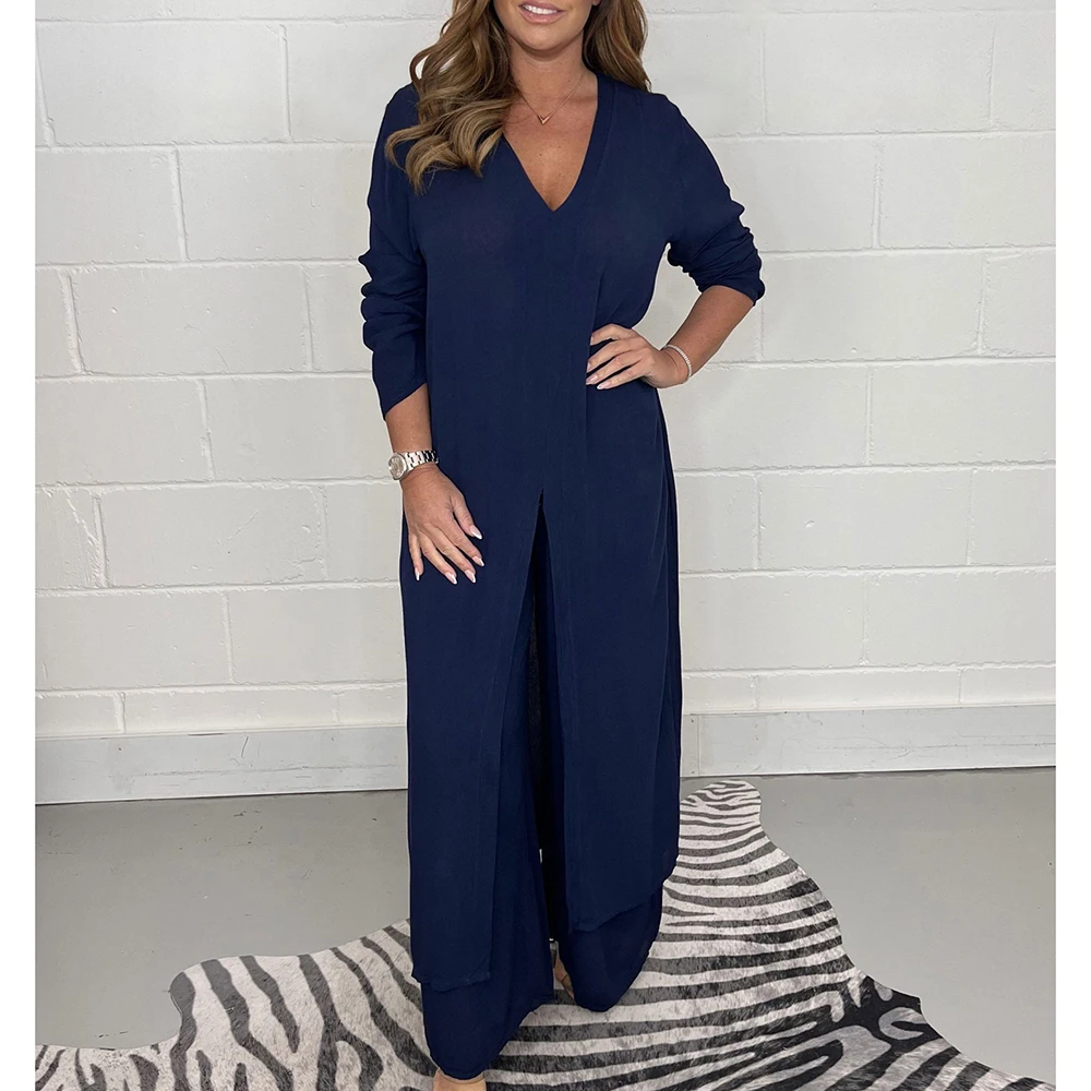 Autumn Fashion New Women's Set High Slit Long Top Casual Wide Leg Pants Two Piece Sets Elegant Chiffon Loose Fitting Suits