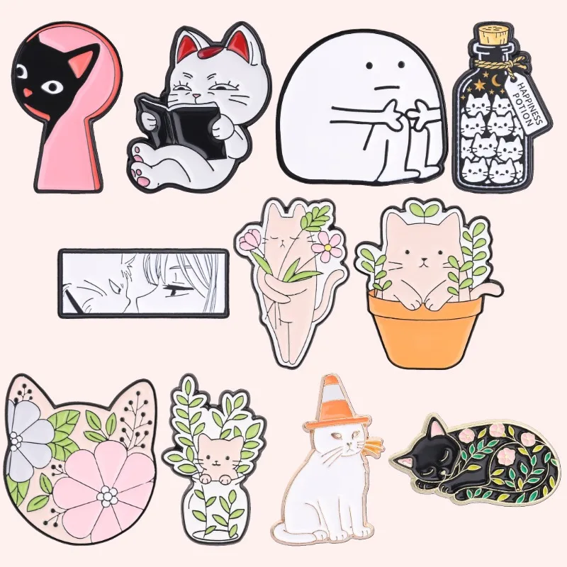 11style Floral Cats Themed Enamel Pin Kawaii Anime Cartoon Kitten Brooches Bookish Lucky Cat Badge Happiness Potion Jewelry Gift