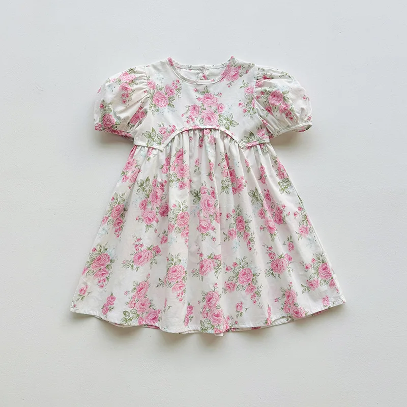 2025 Summer Kids Girls Dresses Short Sleeve A Line Girls Dresses Floral Print Pleated Dress For Girl