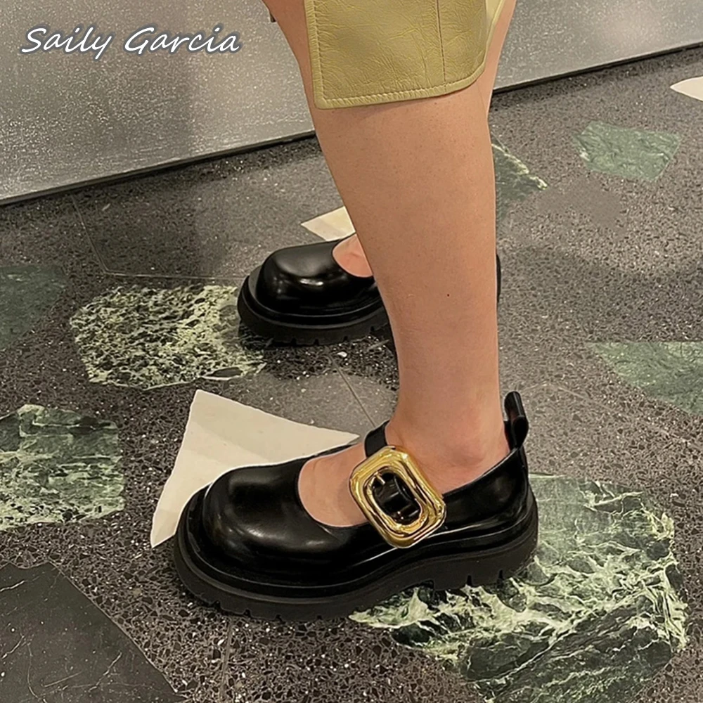 

Genuine Leather Gold Buckle Strap Shallow Flats 2024 New Mary Jane Casual Leather Shoes Round Toe Platform Matte All-Match Shoes