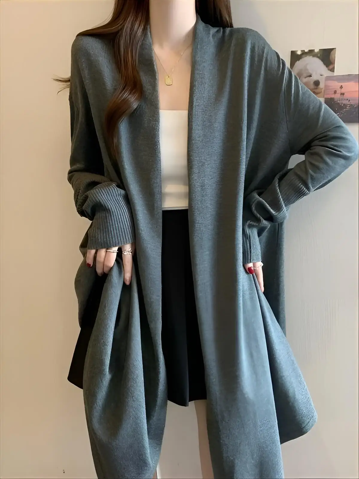 

Mid-Long Cardigans Long Womens Winter Chunky Plush Fur-Collar Hooded Stripe Rhinestones Mock-Neck Cinch Drop-Shoulder Fur-Trim