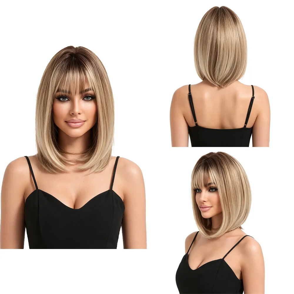 Dark Roots Ombre Blonde Straight Bob Wigs with Bangs Balayage Synthetic Heat Resistant Hair For Halloween Daily Costume Party