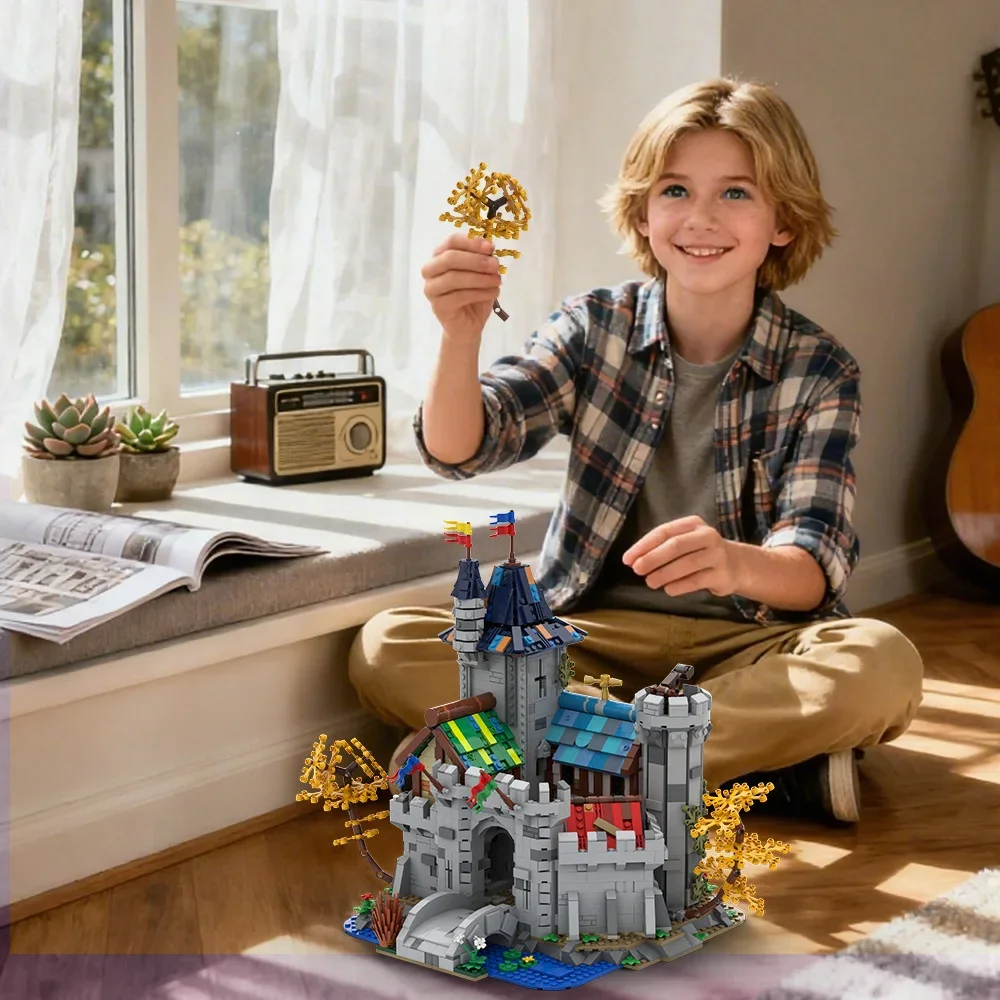 Gobricks MOC Castillo de fantasía Medieval, modelo de bloques de construcción, Castillo de fantasía Modular, arquitectura, vista a la calle, ladrillos, juguetes, regalo para niños
