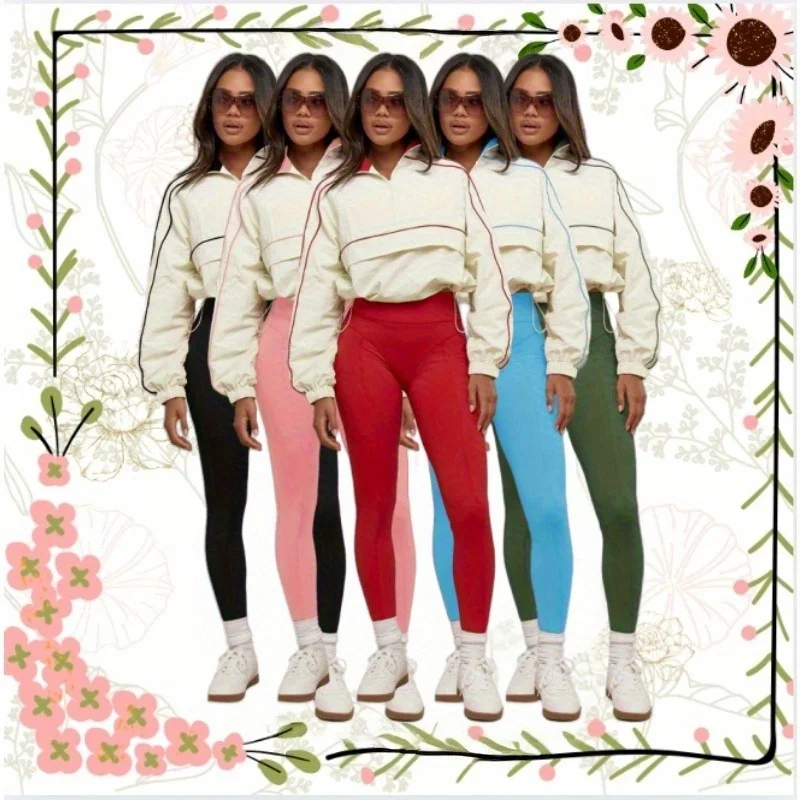 

European and American Fashion Women's Drawstring Waist Nylon Top Yoga Pants Sports and Casual Two-piece Set Costumes Accessories