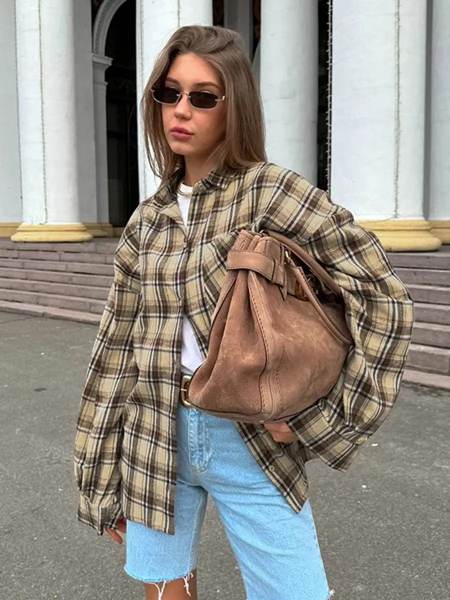 

Vintage Women's Loose Casual Plaid irt Long Sve Turn-down Collar Middleng Length Commute Sle Comfortable Fit Ladies irt