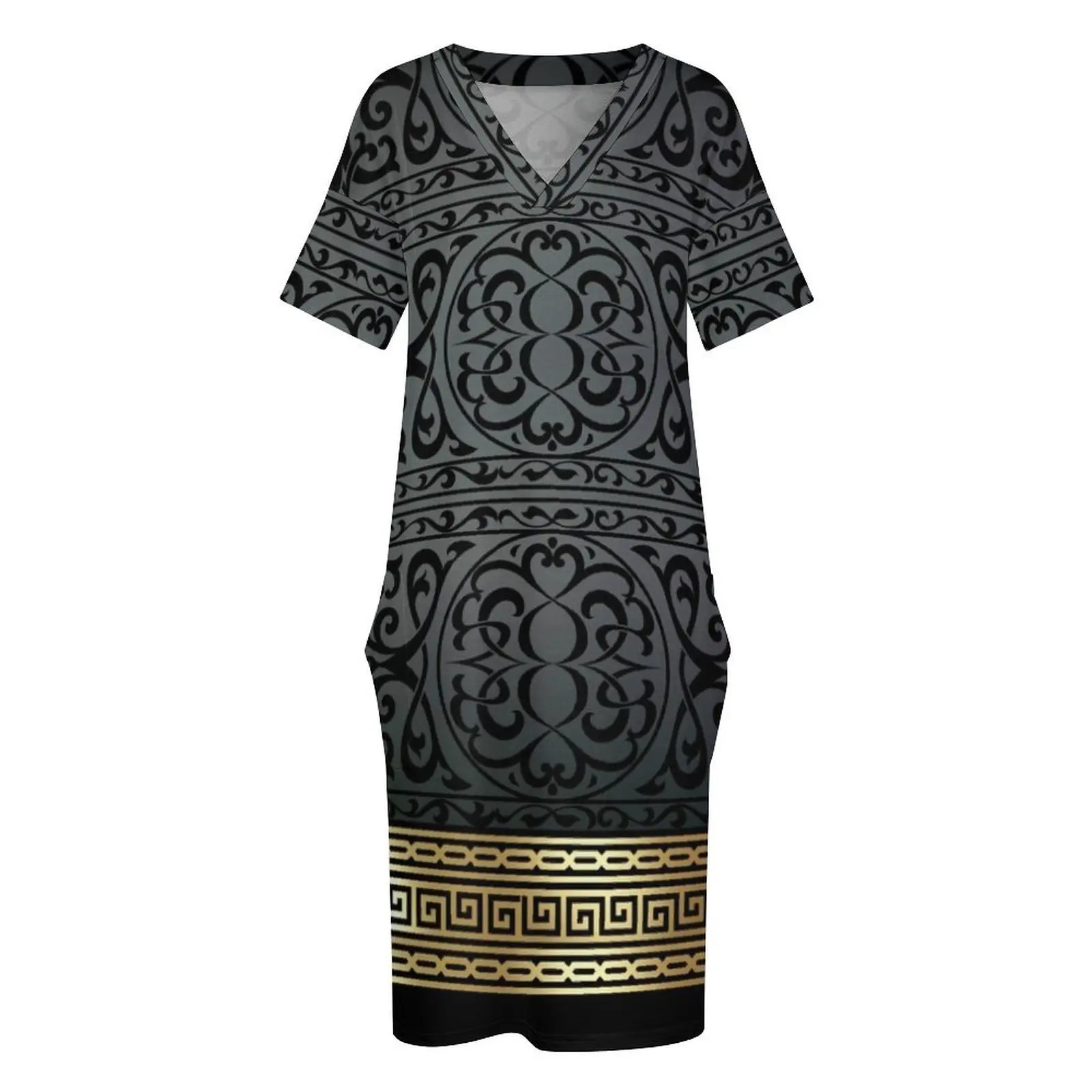 Greek Key Ornate Black & Gold Loose Pocket Dress dress women summer dress party night Casual dresses