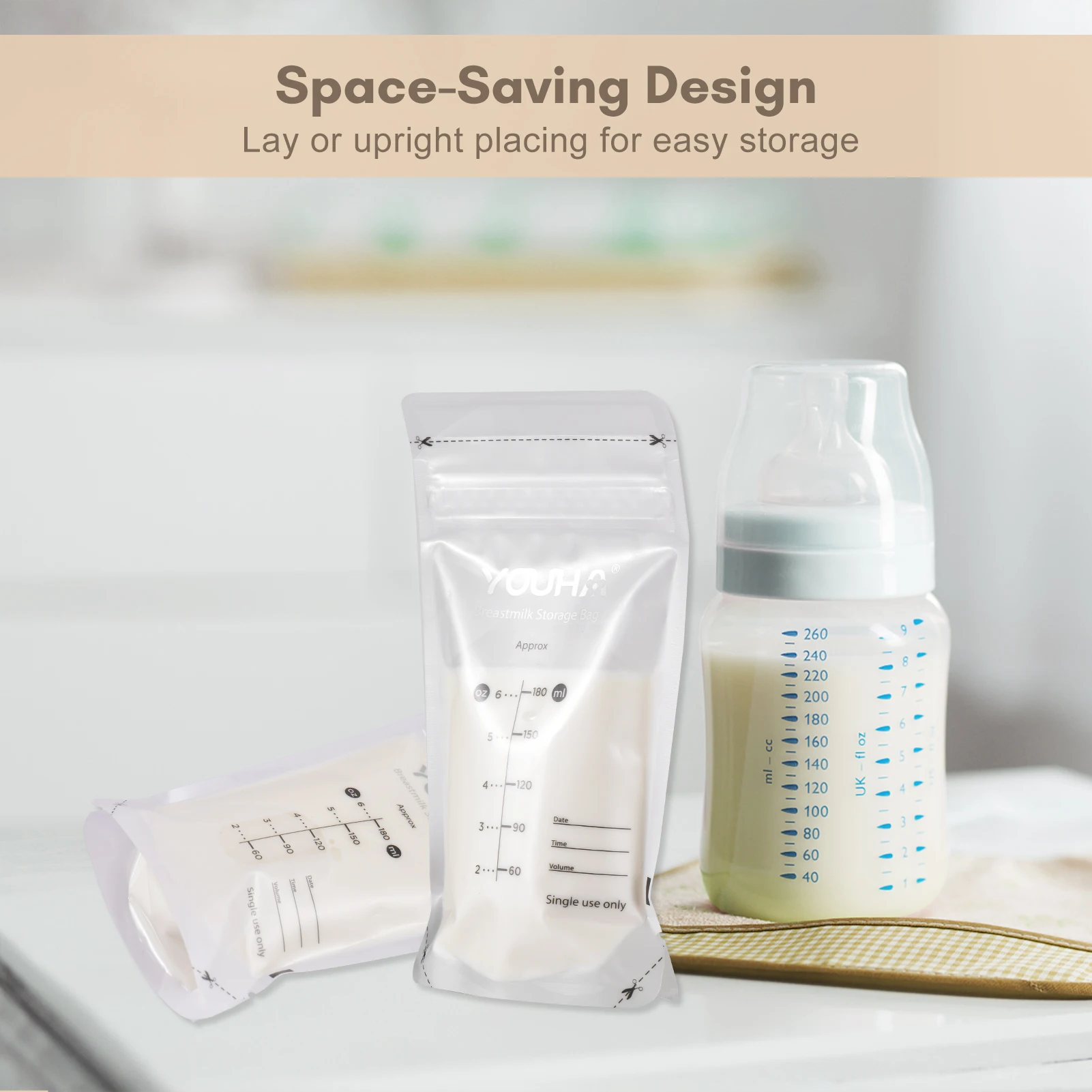 YOUHA Breastmilk Storage Bags Milk Storing Bags for Breastfeeding 180ml/6oz Capacity Pre-Sterilized BPA Free Double Zipper Seal