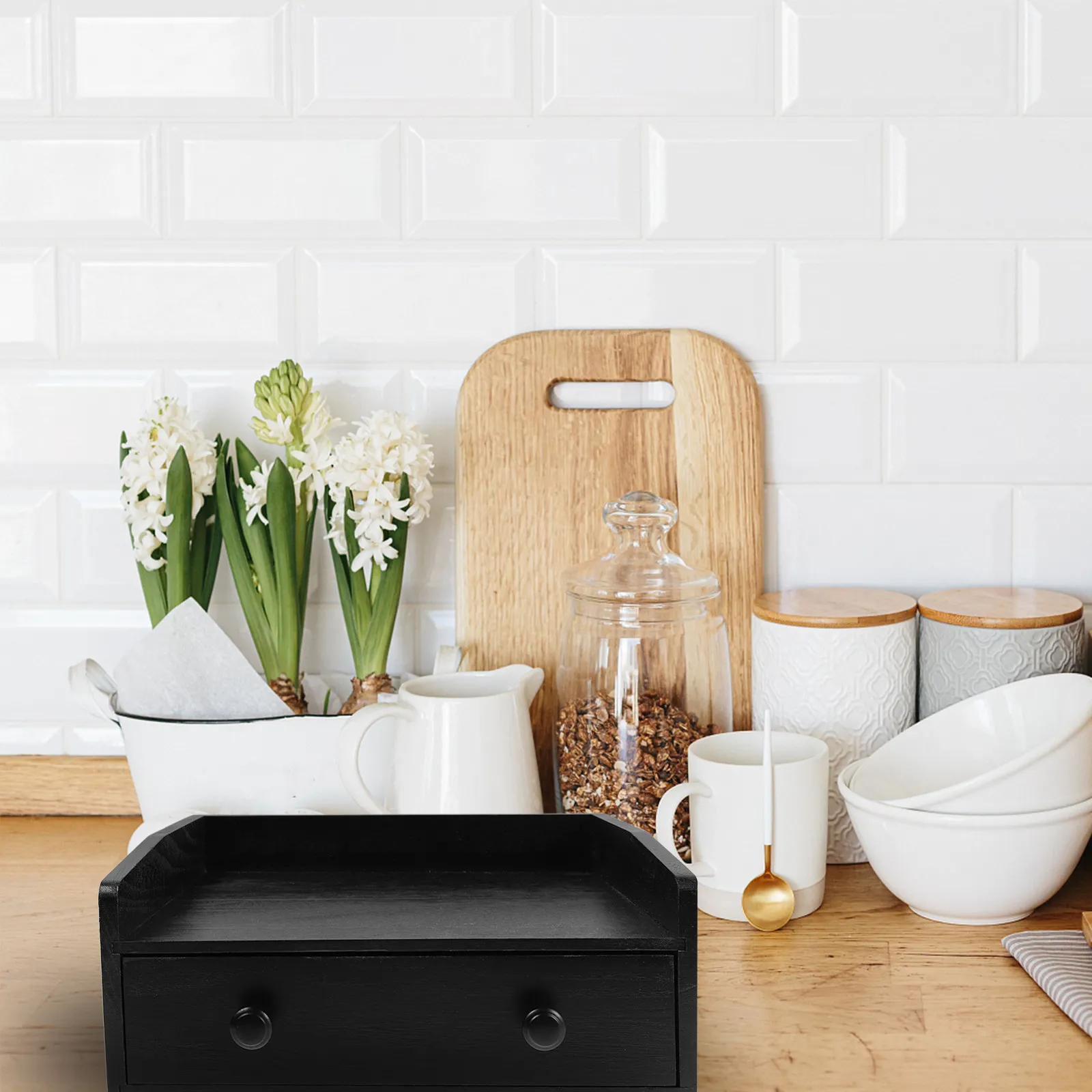 Sleek Black Wooden Drawer Style Storage Box for Coffee Tea Bags Condiments Kitchen Office Desk Organizer Large Capacity