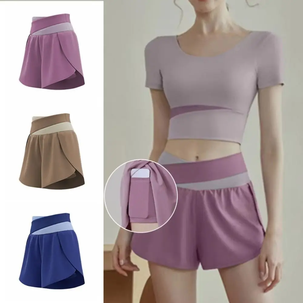 

Breathable Women Sports Shorts Colorblocked 2 In 1 Inner Liner High Waist Workout Shorts Side Phone Pockets Elastic Waistband