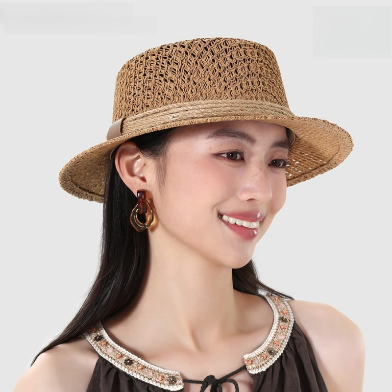 Hollow Out Minimalist Woven Women's Straw Hat Flat Top French Sun Protection Breathable Sun Hat Retro Outdoor Women's Top Hat