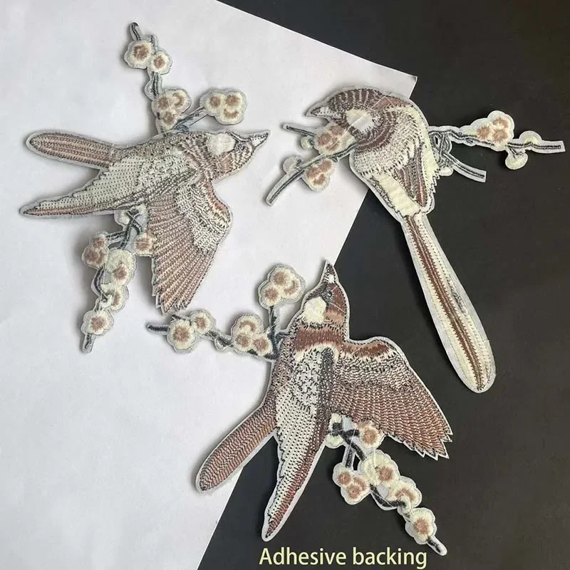 Magpie Plum Blossom Applique Patches Clothes Stickers,fabric Bird Flowers Branches Embroidery Iron on Patch for Clothing,Dress