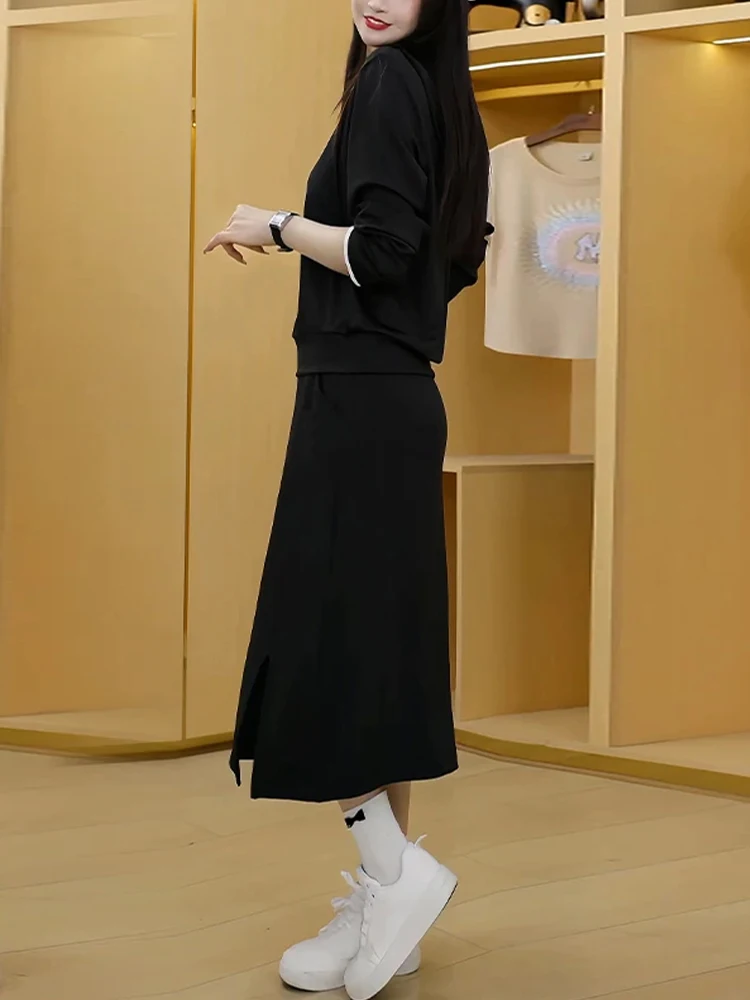 Conjunto de dos piezas de Top y falda coreana para mujer, camiseta larga ajustada de cintura alta, novedad de otoño