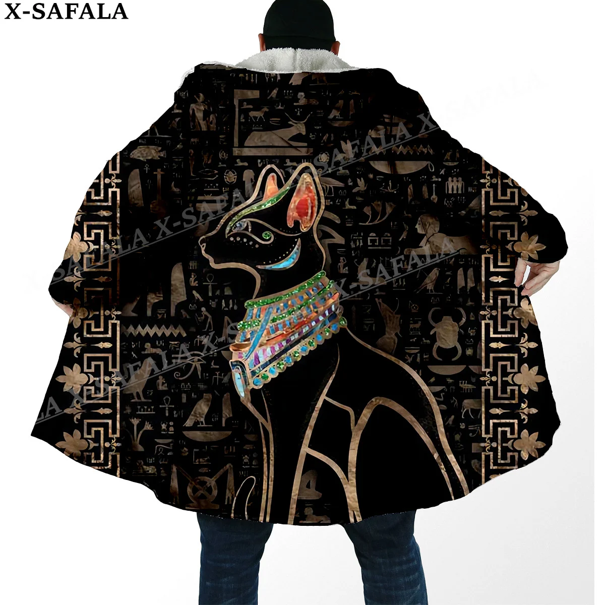 Pharaoh Ancient Egyptian Cat Print Thick Warm Hooded Cloak Men Overcoat Coat Windproof Fleece Cape Robe Hooded Blanket-4