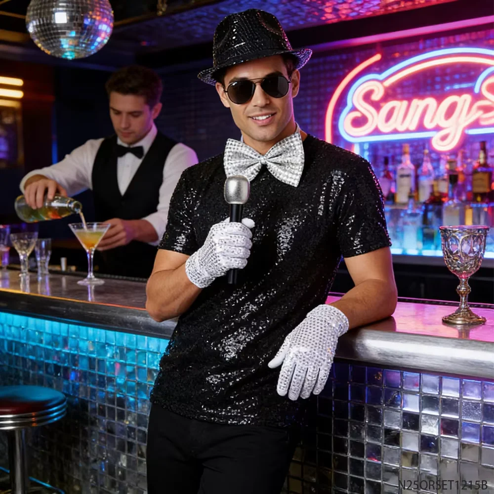 PESENAR 90年代レトロディスコパフォーマンスコスチュームセットスパンコールフェドーラハットボウタイマイクグローブサングラスパーティーアクセサリー